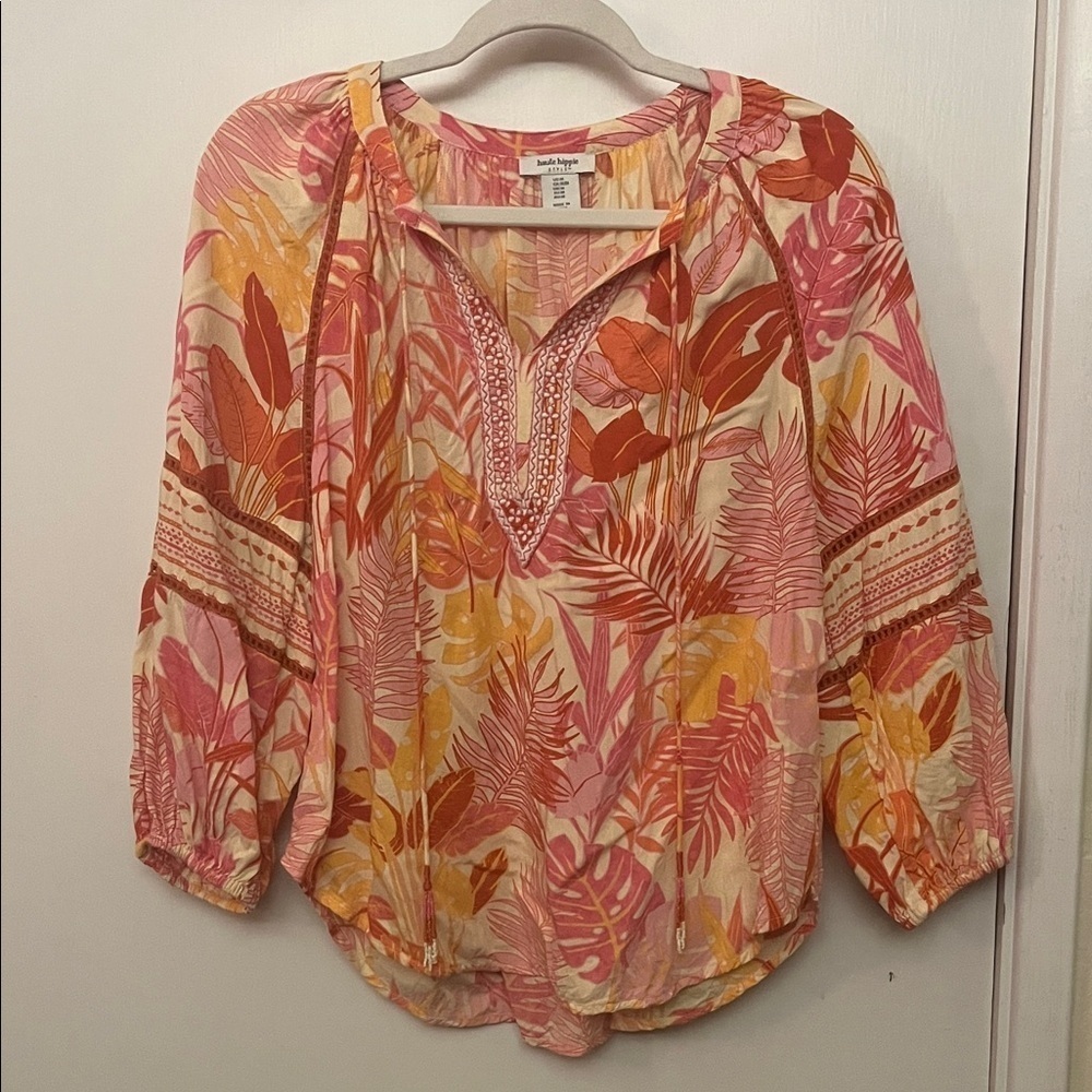 Haute Hippie Pink and Orange Leaf Print Blouse with embroidery/tassel MED